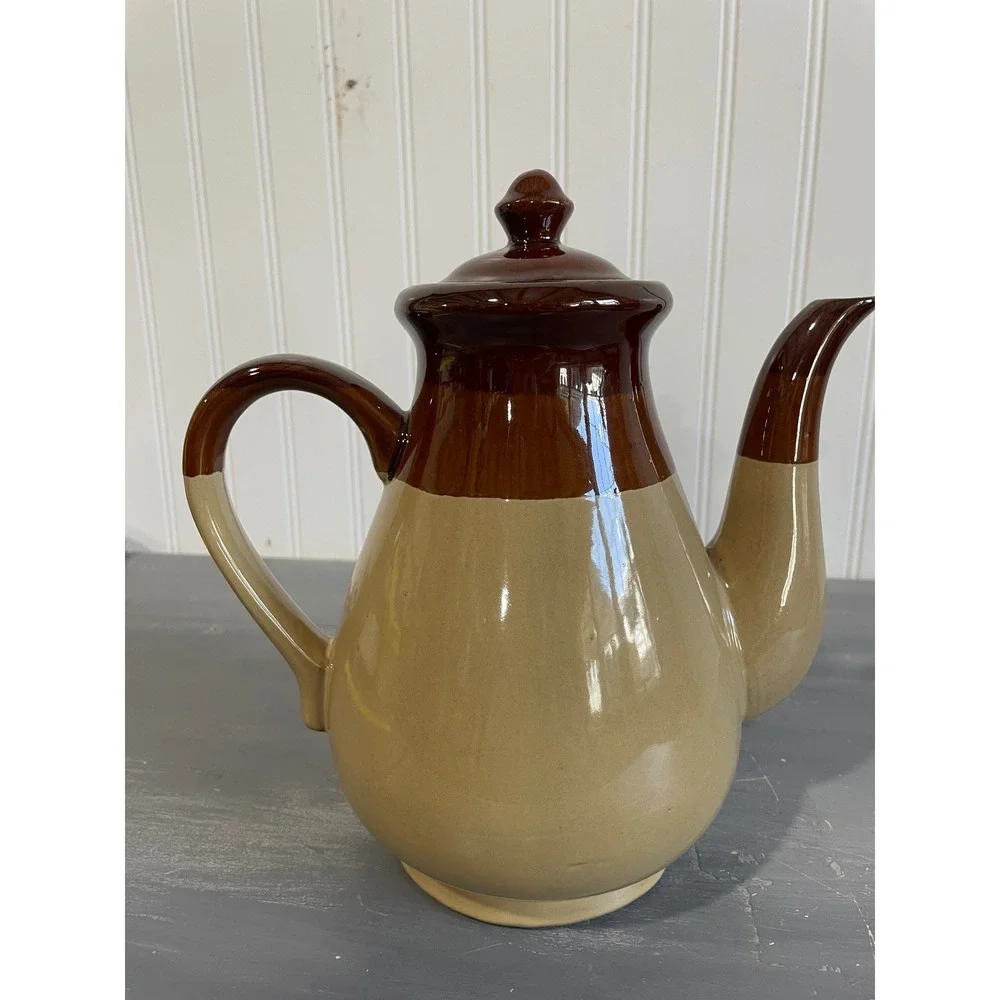 Vintage Two Tone Brown Tan Ceramic‎ Teapot Coffee Server Stoneware with Lid 9in